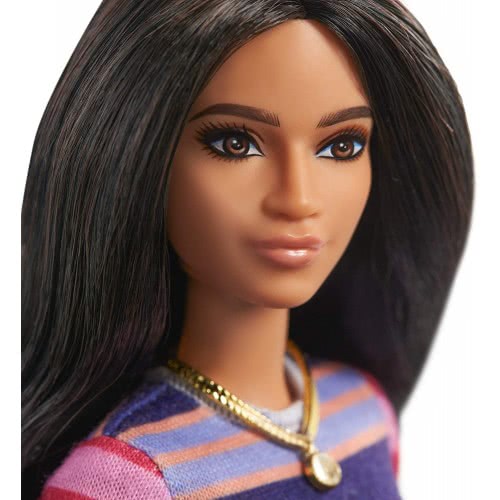 Mattel Barbie Fashionistas Doll Num 147 With Long Brunette Hair Wearing Striped Dress, Orange Shoes Necklace FBR37 / GHW61 88796
