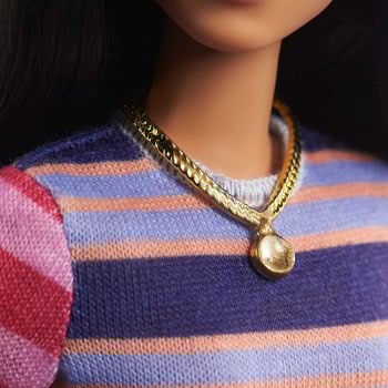 Mattel Barbie Fashionistas Doll Num 147 With Long Brunette Hair Wearing Striped Dress, Orange Shoes Necklace FBR37 / GHW61 88796