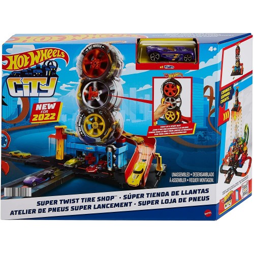 Mattel Hot Wheels City Super Twist Tire Shop Playset, Spin The Key To Make Cars Travel Through The Tires, Includes 1 Car HDP02 1
