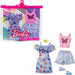 Mattel Barbie Fashions 2-Pack Clothing Set, 2 Outfits Doll Includes Off-The-Shoulder Butterfly Print Dress, Butterfly Tank & Blu