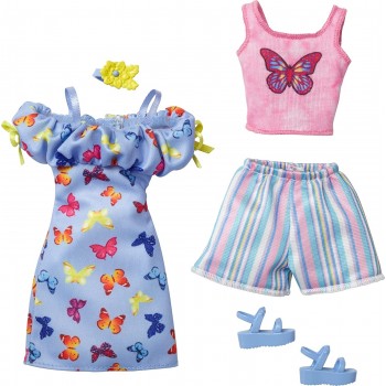 Mattel Barbie Fashions 2-Pack Clothing Set, 2 Outfits Doll Includes Off-The-Shoulder Butterfly Print Dress, Butterfly Tank & Blu