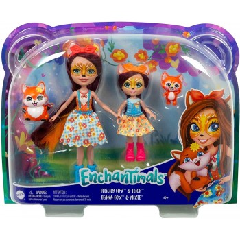 Mattel Enchantimals Felicity & Feana Fox Sister Dolls 6-In 4-In 2 Animal Figures, Removable Skirt And Accessories HCF79 / HCF81 