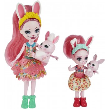 Mattel Enchantimals Bree & Bedelia Bunny Sister Dolls 6-In 4-In 2 Animal Figures, Removable Skirt And Accessories HCF79 / HCF84 