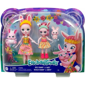 Mattel Enchantimals Bree & Bedelia Bunny Sister Dolls 6-In 4-In 2 Animal Figures, Removable Skirt And Accessories HCF79 / HCF84 