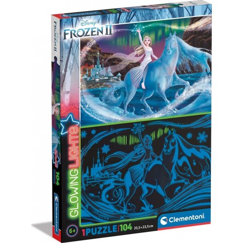 Clementoni Lights Collection-Disney Frozen 2, Glow In The Dark-104 Pieces-Jigsaw Kids Age 6-Made In Italy, Cartoon Puzzles, Mult