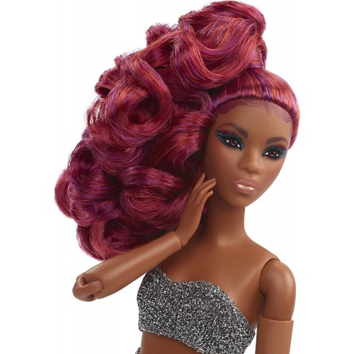 Mattel Barbie Signature Looks 07 Doll Petite Ponytail, Red Hair Fully Posable Fashion Wearing Glittery Crop Top And Skirt HCB77 