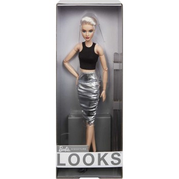 Mattel Barbie Signature Looks Doll Tall, Blonde Pixie Cut Fully Posable Fashion Wearing Black Crop Top And Metallic Skirt HCB78 