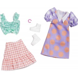 Mattel Barbie Fashions 2-Pack, 2 Outfits And Accessories: Polka Dot Blouse Gingham Skirt, Dress With Collar, Bracelet Boots, Kid