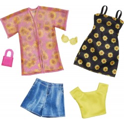 Mattel Barbie Fashions 2-Pack, 2 Outfits And Accessories: Shirt, Shorts Kimono, Sleeveless Sunflower Dress, Purse Sunglasses, Ki