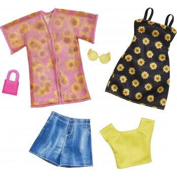 Mattel Barbie Fashions 2-Pack, 2 Outfits And Accessories: Shirt, Shorts Kimono, Sleeveless Sunflower Dress, Purse Sunglasses GWF