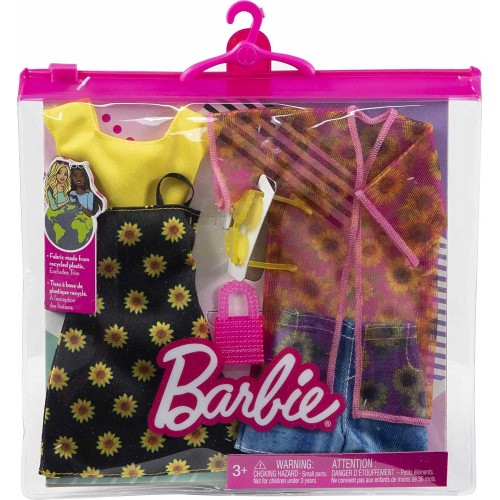 Mattel Barbie Fashions 2-Pack, 2 Outfits And Accessories: Shirt, Shorts Kimono, Sleeveless Sunflower Dress, Purse Sunglasses GWF