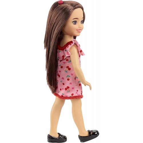 Mattel Barbie Chelsea Doll brunette Wearing Ruffled Cherry-print Dress and Black Shoes DWJ33 / HGT05 194735056859