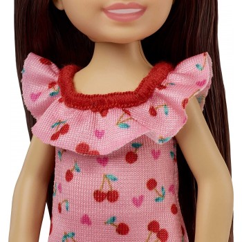 Mattel Barbie Chelsea Doll brunette Wearing Ruffled Cherry-print Dress and Black Shoes DWJ33 / HGT05 194735056859