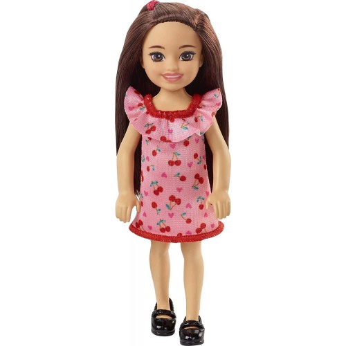 Mattel Barbie Chelsea Doll brunette Wearing Ruffled Cherry-print Dress and Black Shoes DWJ33 / HGT05 194735056859