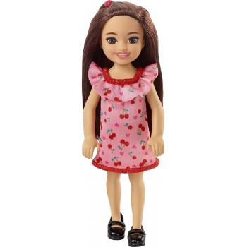 Mattel Barbie Chelsea Doll brunette Wearing Ruffled Cherry-print Dress and Black Shoes DWJ33 / HGT05 194735056859