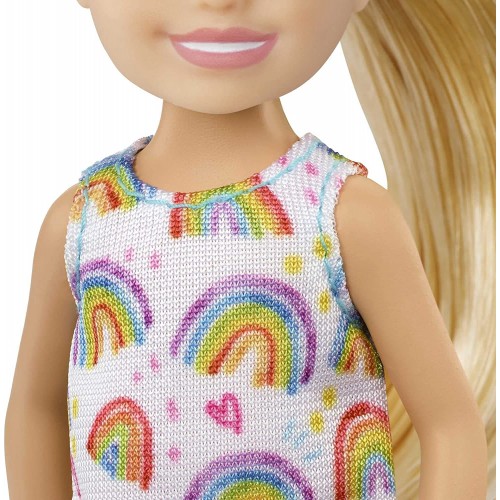Mattel Barbie Chelsea Doll blonde Wearing Rainbow-print Dress and Yellow Shoes DWJ33 / HGT02 194735056903