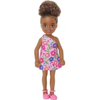 Mattel Barbie Chelsea Doll brunette Curly Hair Wearing One-shoulder Flower-print Dress and Pink Shoes DWJ33 / HGT07 194735056873