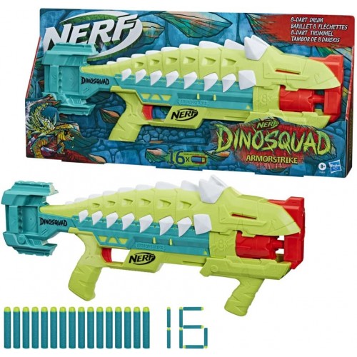 Hasbro Nerf Dinosquad Armorstrike Dart Blaster, 8-dart Rotating Drum, Drop Grip, 16 Elite Darts, Anklyosaurus F5855 501099415511