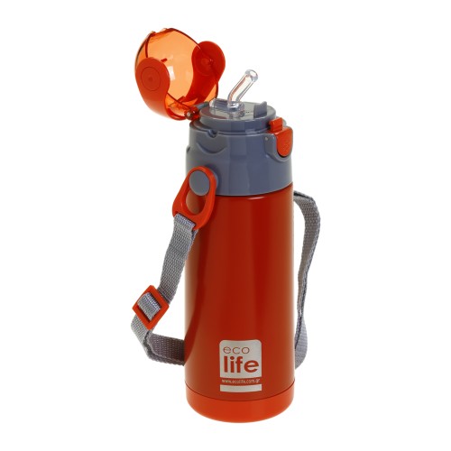 eco life Kids Thermos Red 400ml Ανοξείδωτο παγουράκι θερμός, με εσωτερικό καλαμάκι & ιμάντα μεταφοράς 33-BO-2997 5208009001966