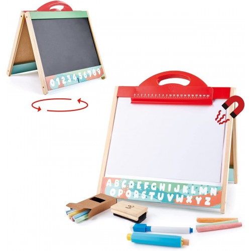 Hape 3 In 1 Tabletop 2 Sided Standing Artwork Easel Blackboard And Magnetic Erasable Whiteboard E1062A 6943478034723