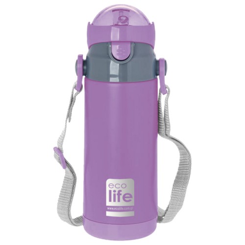 eco life Μεταλλικός Θερμός Παιδικός 400ml Λιλά με εσωτερικό καλαμάκι & ιμάντα μεταφοράς 33-BO-2995 5208009002109