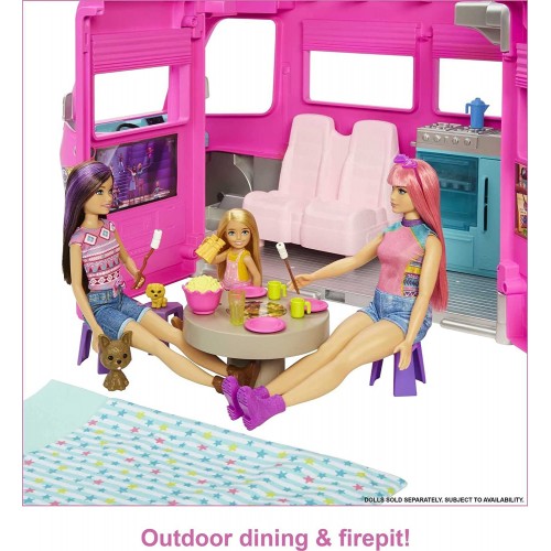 Mattel Barbie Dreamcamper Vehicle Playset, 2.5 Feet Tall With Rolling Wheels, 7 Play Areas, Pool, Slide And 60+ Accessories HCD4