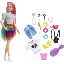 Mattel Barbie Leopard Rainbow Hair Doll blonde With Color-change Hair Feature, 16 Hair and Fashion Play Accessories GRN81 887961