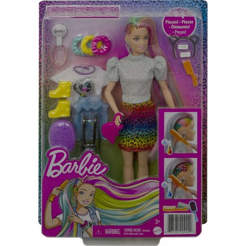 Mattel Barbie Leopard Rainbow Hair Doll blonde With Color-change Hair Feature, 16 Hair and Fashion Play Accessories GRN81 887961