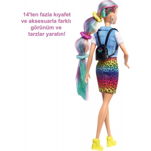 Mattel Barbie Leopard Rainbow Hair Doll blonde With Color-change Hair Feature, 16 Hair and Fashion Play Accessories GRN81 887961