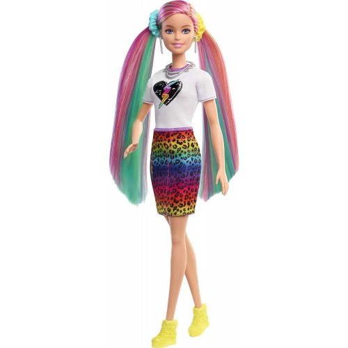 Mattel Barbie Leopard Rainbow Hair Ξανθιά Κούκλα Color-change Hair Feature, 16 Αξεσουάρ GRN81 887961909029