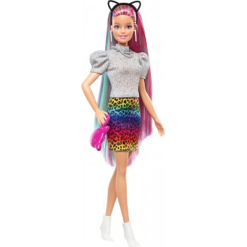 Mattel Barbie Leopard Rainbow Hair Ξανθιά Κούκλα Color-change Hair Feature, 16 Αξεσουάρ GRN81 887961909029