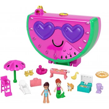 Mattel Polly Pocket Watermelon Pool Party Compact Playset With Scented Feature, 2 Micro Dolls, 12 Accessories FRY35 / HCG19 1947