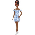 Mattel Barbie Fashionistas Doll 185, Black Up-Do Hair, Off-Shoulder Bleached Denim Dress, Orange Bandana, White Boots FBR37 / HB