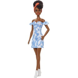 Mattel Barbie Fashionistas Doll 185, Black Up-Do Hair, Off-Shoulder Bleached Denim Dress, Orange Bandana, White Boots FBR37 / HB