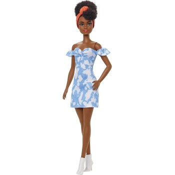Mattel Barbie Fashionistas Doll 185, Black Up-Do Hair, Off-Shoulder Bleached Denim Dress, Orange Bandana, White Boots FBR37 / HB