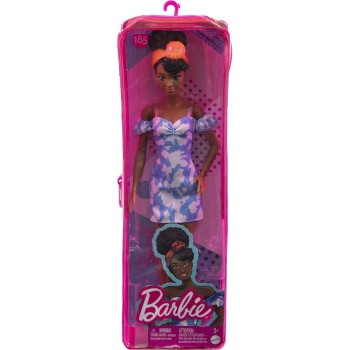 Mattel Barbie Fashionistas Doll 185, Black Up-Do Hair, Off-Shoulder Bleached Denim Dress, Orange Bandana, White Boots FBR37 / HB