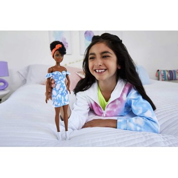 Mattel Barbie Fashionistas Doll 185, Black Up-Do Hair, Off-Shoulder Bleached Denim Dress, Orange Bandana, White Boots FBR37 / HB