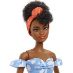 Mattel Barbie Fashionistas Doll 185, Black Up-Do Hair, Off-Shoulder Bleached Denim Dress, Orange Bandana, White Boots FBR37 / HB