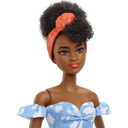 Mattel Barbie Fashionistas Doll 185, Black Up-Do Hair, Off-Shoulder Bleached Denim Dress, Orange Bandana, White Boots FBR37 / HB
