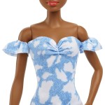 Mattel Barbie Fashionistas Doll 185, Black Up-Do Hair, Off-Shoulder Bleached Denim Dress, Orange Bandana, White Boots FBR37 / HB