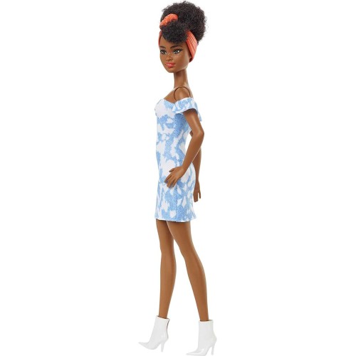 Mattel Barbie Fashionistas Doll 185, Black Up-Do Hair, Off-Shoulder Bleached Denim Dress, Orange Bandana, White Boots FBR37 / HB
