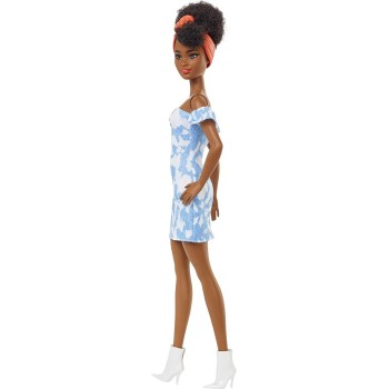 Mattel Barbie Fashionistas Doll 185, Black Up-Do Hair, Off-Shoulder Bleached Denim Dress, Orange Bandana, White Boots FBR37 / HB