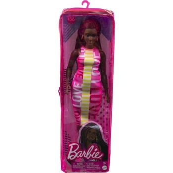 Mattel Barbie Fashionistas Doll 186, Curvy, Crimson Braids, Sleeveless Love Dress, Hoop Earrings FBR37 / HBV18 194735002108