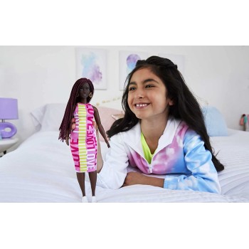 Mattel Barbie Fashionistas Doll 186, Curvy, Crimson Braids, Sleeveless Love Dress, Hoop Earrings FBR37 / HBV18 194735002108