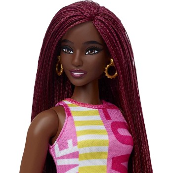 Mattel Barbie Fashionistas Doll 186, Curvy, Crimson Braids, Sleeveless Love Dress, Hoop Earrings FBR37 / HBV18 194735002108