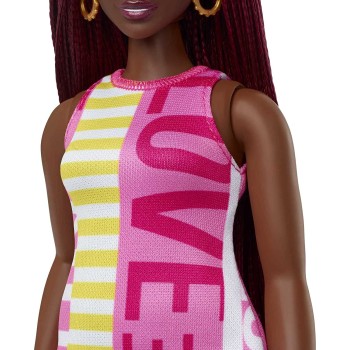 Mattel Barbie Fashionistas Doll 186, Curvy, Crimson Braids, Sleeveless Love Dress, Hoop Earrings FBR37 / HBV18 194735002108