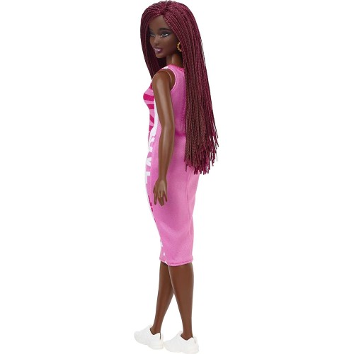 Mattel Barbie Fashionistas Doll 186, Curvy, Crimson Braids, Sleeveless Love Dress, Hoop Earrings FBR37 / HBV18 194735002108