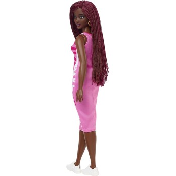 Mattel Barbie Fashionistas Doll 186, Curvy, Crimson Braids, Sleeveless Love Dress, Hoop Earrings FBR37 / HBV18 194735002108