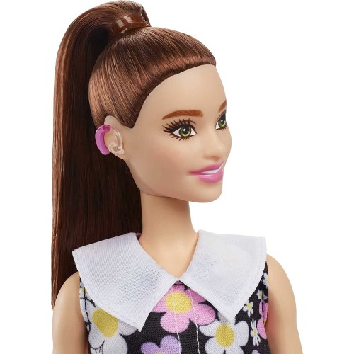 Mattel Barbie Fashionistas Doll 187, Brunette Ponytail, Shift Dress, Pink Boots, Behind-The-Ear Hearing Aids FBR37 / HBV19 19473