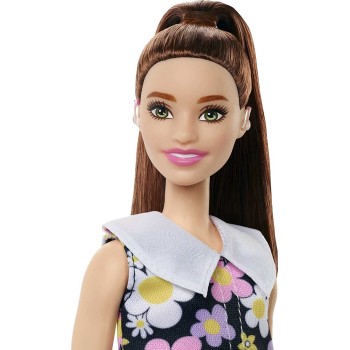 Mattel Barbie Fashionistas Doll 187, Brunette Ponytail, Shift Dress, Pink Boots, Behind-The-Ear Hearing Aids FBR37 / HBV19 19473